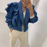 Clacive Vintage Irregular Short Denim Jackets For Women Loose Waisted Ruffles Full Sleeve Casual Female Open Stitch Jeans Coats WJ8