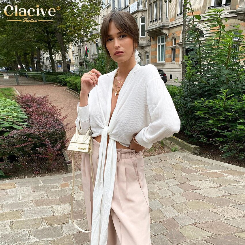 Clacive Sexy White Lace-Up Women's Blouse Summer Casual Long Sleeve Shirts Elegant Slim Vacation Tops Female Clothing