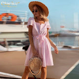 Clacive Casual Square Collar Summer Dress Woman Fashion Short Sleeve Lace-up Mini Dresses Elegant Pleated Vacation Female Dress