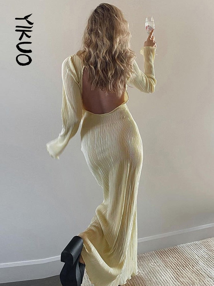 Draped Ruched Sexy Backless Maxi Dress For Women  Summer Party Club Long Sleeves Slit Dresses Elegant Outfits Khaki