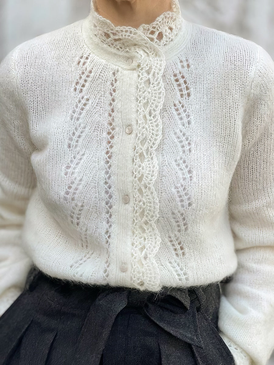 Clacive Tricotage Ajouré Sur Le Devant Cardigan Winter Long Sleeve Round Neck Wool Kid Mohair Sweater Eleagnt Vintage Sweaters Gilet