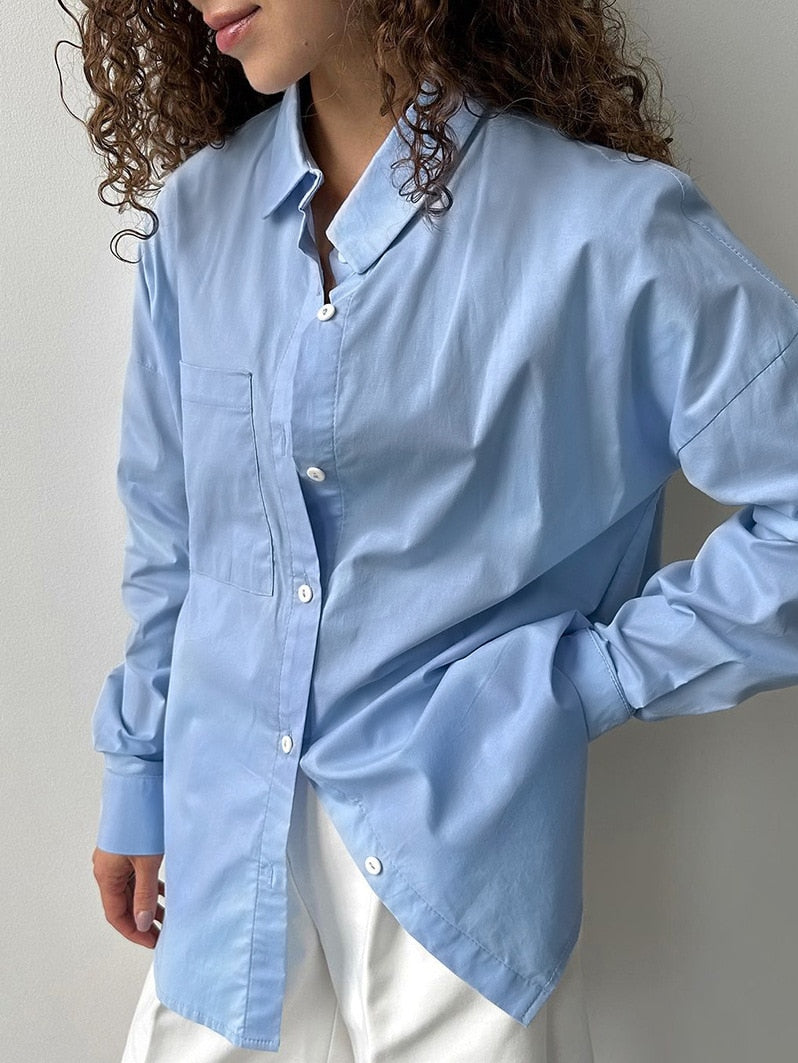 Fall outfits Blue Pocket Women's Blouse Long Sleeve Turn Down Collar Casual Simple Autumn Clothing Top Fashion Chic Shirt 2023 Female Blouses