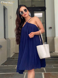 Clacive Sexy Halter Summer Dress Lady Elegant Loose Blue Pleated Mini Dress Fashion Backless Beach Casual Dresses For Women
