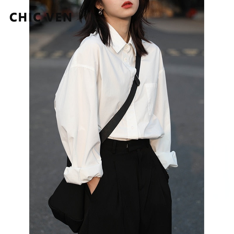 Clacive  Women Shirts Solid Cotton Loose Long Sleeve Women's Blouses Female Top Office Lady Shirts Spring Autumn White