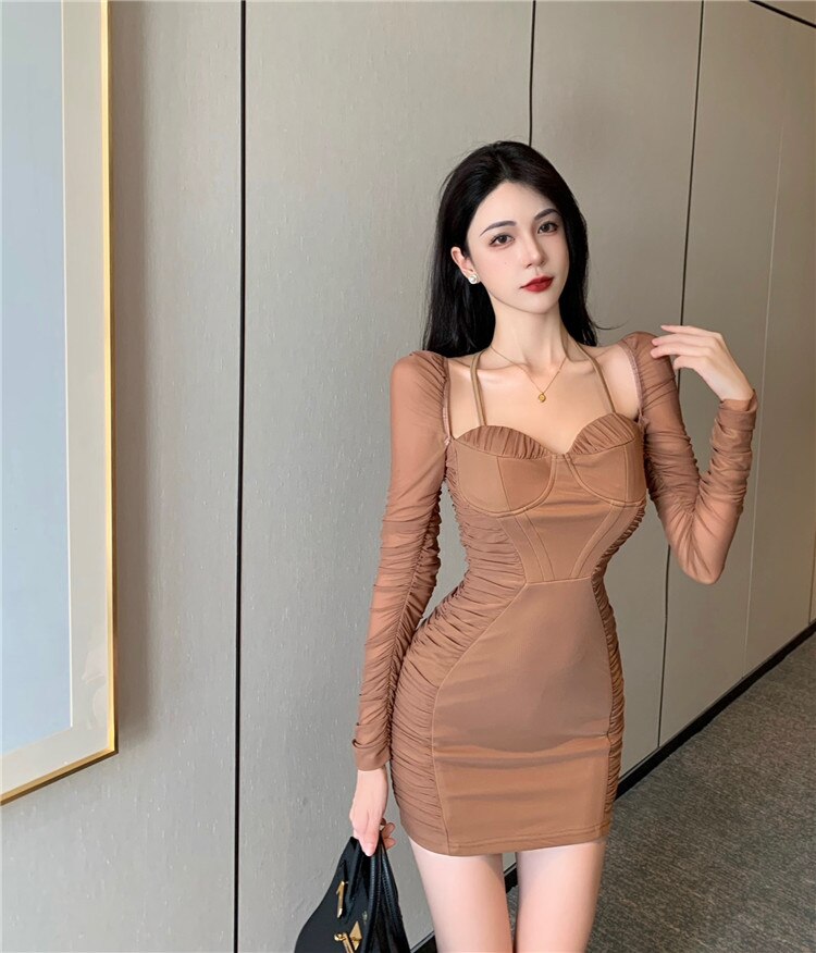 Clacive Ruched Dress Women Off Shoulder Long Sleeve Elegant Lady Mini Dress  Spring Club Bodycon Ruched Birthday Sexy Clothes