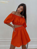 Clacive Sexy Slash Neck Crop Top Two Piece Set Women Summer Bodycon High Waist Shorts Set Lady Elegant Casual Suits With Shorts