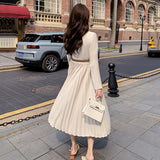Clacive Vintage Pleated Dress With Belt Spring Long Sleeve Patchwork One Piece Blazer Dress Elegant Office Dress Vestidos
