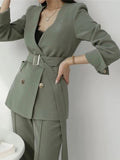 Clacive Spring And Autumn Women's Office Suit V-Neck Green Two-Piece Sets Female Blazer Girly Elegant Temperament Pantsuit Setup Ladies