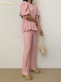 Clacive Summer Puff Sleeve Tops Pants Set Woman 2 Pieces Casual Loose Pink Pants Set Elegant High Waist Pleated Trouser Suits