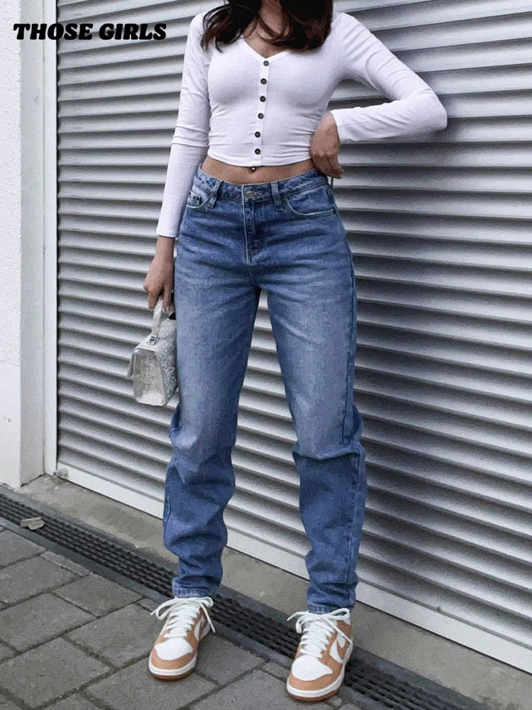 Clacive Washed Jeans Women High Waist Baggy Long Straight Leg Pants Fashion Trend Mom Casual Denim Trousers Y2k Bottoms Streetwear