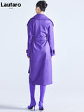 Clacive  Spring Autumn Long Luxury Elegant Purple Colored Faux Leather Trench Coat For Women Sashes Runway Designer Fashion