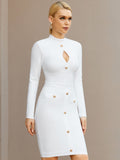 Clacive New Arrivals Women White Long Sleeve Bodycon Bandage Celebrity Party Dress Sexy Hollow Out Buttons Club Runway Dress