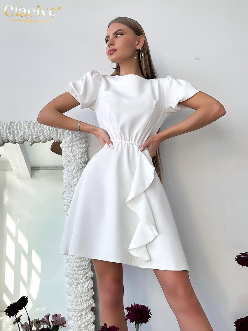 Clacive Bodycon O-Neck White Dress Woman Summer Fashion Short Sleeve Office Mini Dresses Ladies Elegant High Waist Female Dress