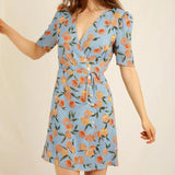 Clacive Women's Fruit Print 100% Viscose Wrap Mini Dress  Summer New Ladies Short Sleeve V-Neck Button Short Robes