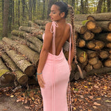 Clacive barbie outfites elegant Backless Ruched Maxi Dress for Women Club Outfits 2023 Spring Pink Draped Sleeveless Bodycon Party Long Dresses