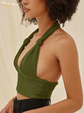 Clacive Sexy Halter Green Crop Top Women Bodycon Sleeveless Backless Tank Top Elegant Slim Pleated Vest Female Clothing