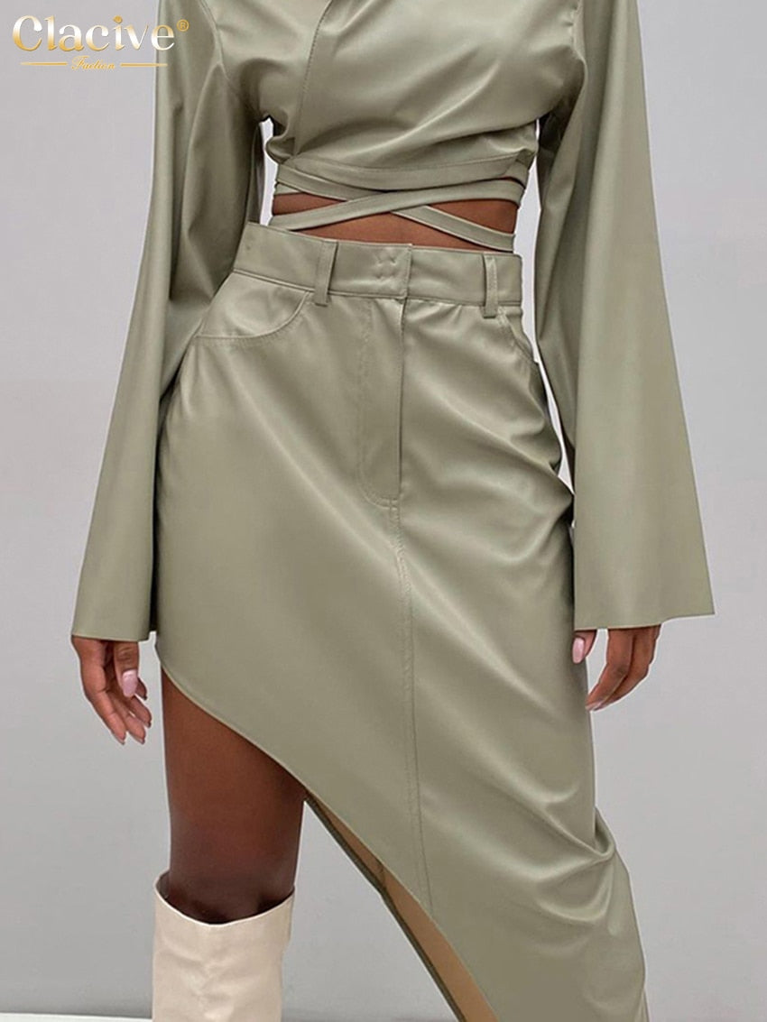 Clacive Fashion Pu Leather Women'S Skirt 2021 Casual Irregular High-Waisted Skirt Ladies Vintage Slim Pocket Long Skirts
