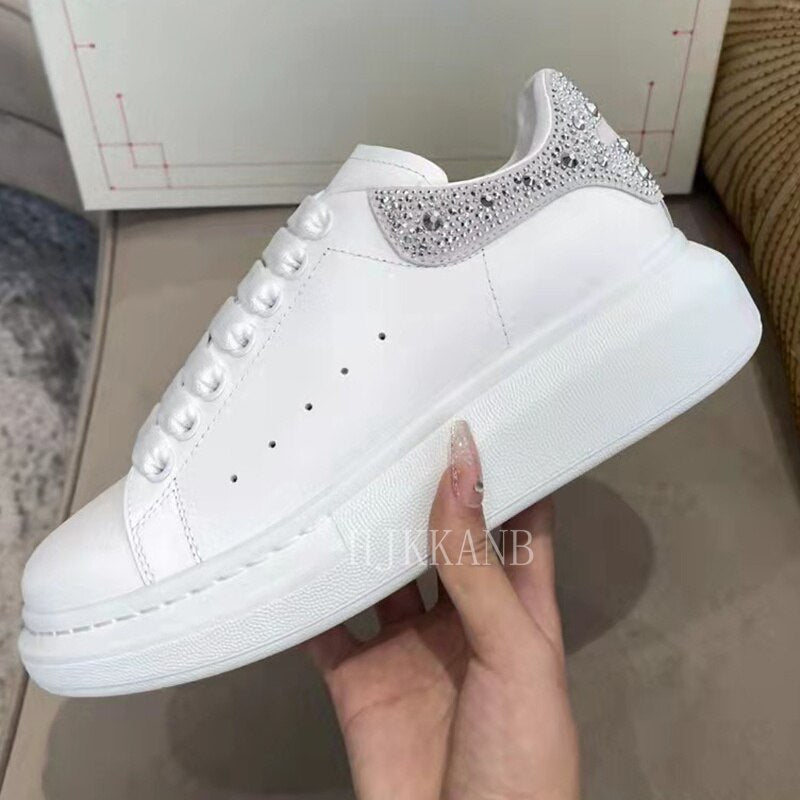Clacive Flat Thick Sole Small White Shoes Women Real Leather Rhinestone Decor Lace Up Mixed Color Casual Shoes Spring Sneakers Unisex