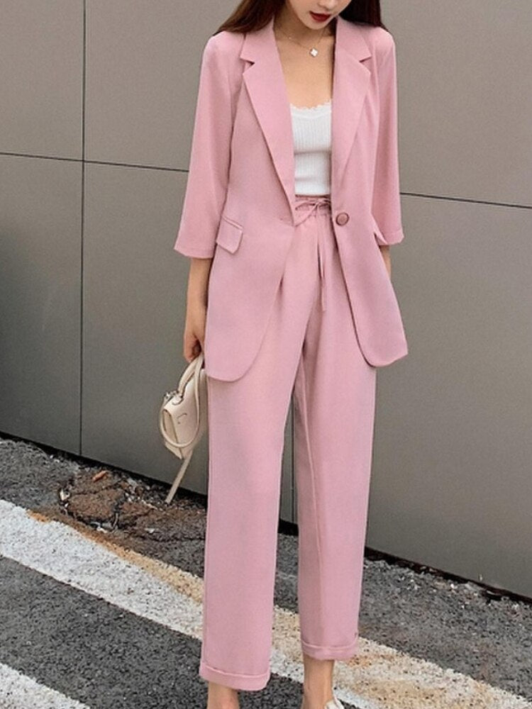 Clacive Women's Spring Summer Casual Office Suit Solid Color Blazer Pantsuits Button Jacket And Straight Pant 2 Piece Set Female Outfits