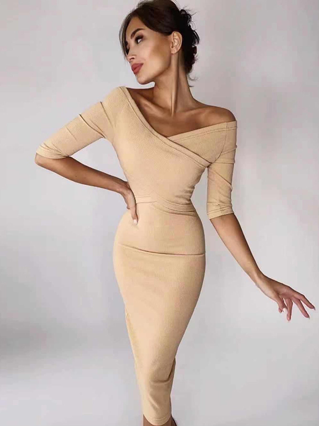 Clacive New Autumn Red One Shoulder Long Sleeve Bandage Dress Women Sexy Hollow Out Club Midi Celebrity Runway Party Dress Vestido