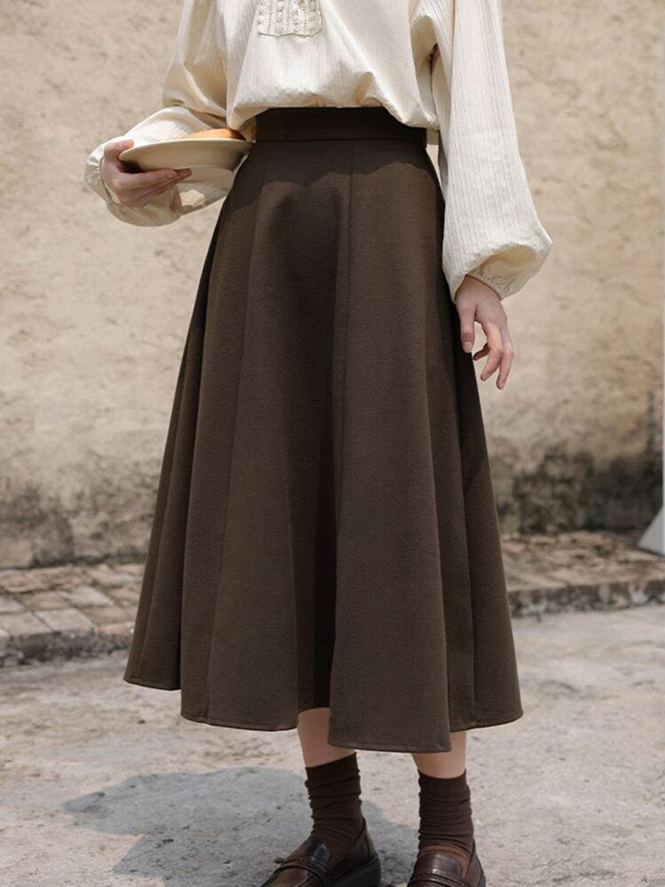 Fall outfits Long Winter Skirt Woman Vintage Autumn Woolen Elegant Fashion High Waist A-line Loose Solid Pleated Midi Skirt Office