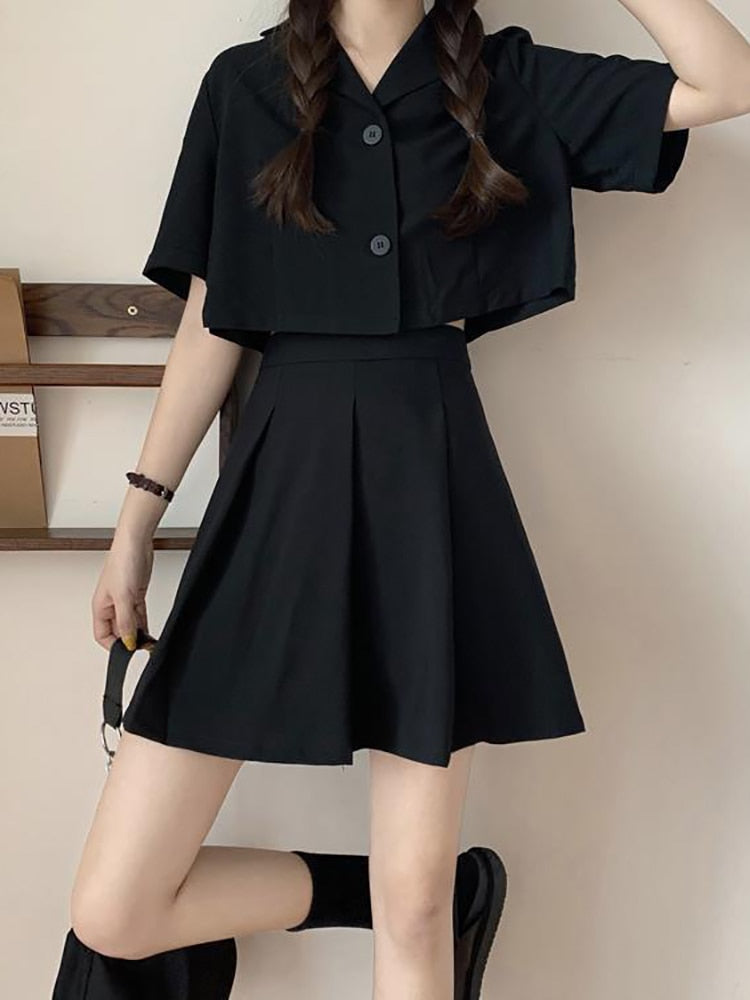 Clacive  Summer Korean Elegant Women's Suit With Skirt Loose Girl Short Small Suit Jacket Top High Waist Pleated Skirt 2 Piece Sets