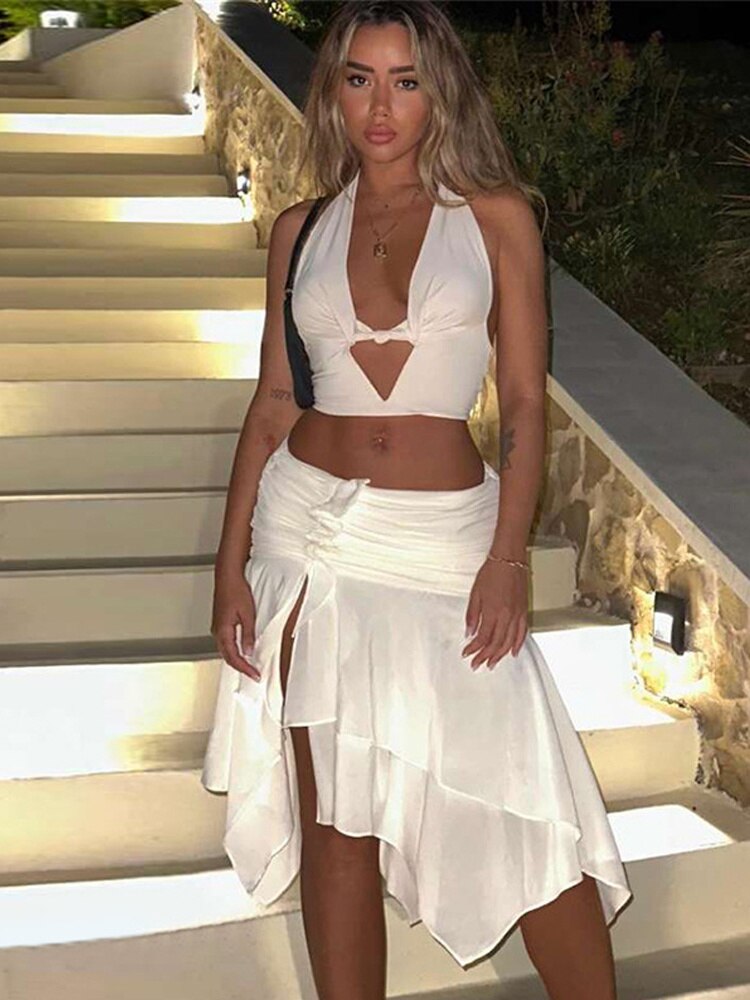Fall outfits  White Halter Sexy Two Piece Set 2023 Backless Top Ruffle Midi Skirt Women Set Elegant Holiday Casual 2 Piece Set Women