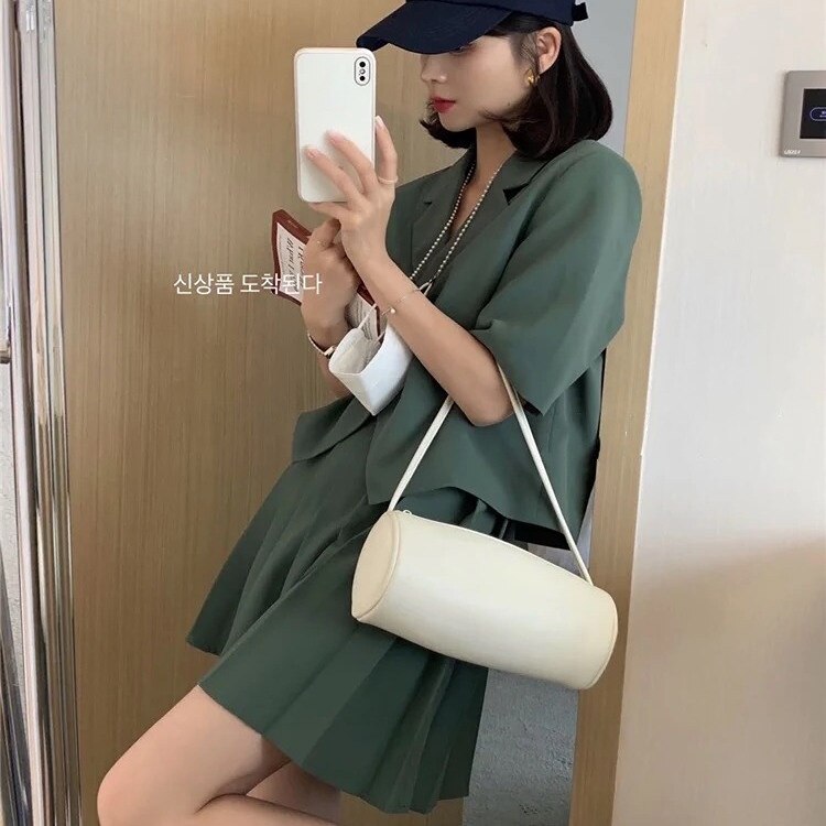Clacive  Summer Korean Fashion Chic Sweet Women's Skirt Sets College Lapel Short Sleeve Suit Jacket And Pleated Dress 2 Piece Set