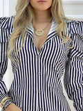 Clacive elegant Striped Button Design Puffed Sleeve Shirt Dress Women Casual Work Dress