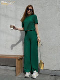 Clacive Fashion Short Sleeve T-Shirts Set Woman 2 Piece Summer Bodycon Green Pants Set Lady Elegant Slim High Waist Trouser Suit