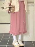 Fall outfits  Kawaii Pink Corduroy Long Skirt Women Japanese Fashion Cute High Waist Split Bow Straight Midi Skirt for Girls Autumn