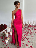 Clacive barbie outfites elegant Maxi Dresses for Women 2023 One Shoulder Split Bodycon Red Dress Elegant Party Evening Women's Long Summer Dress