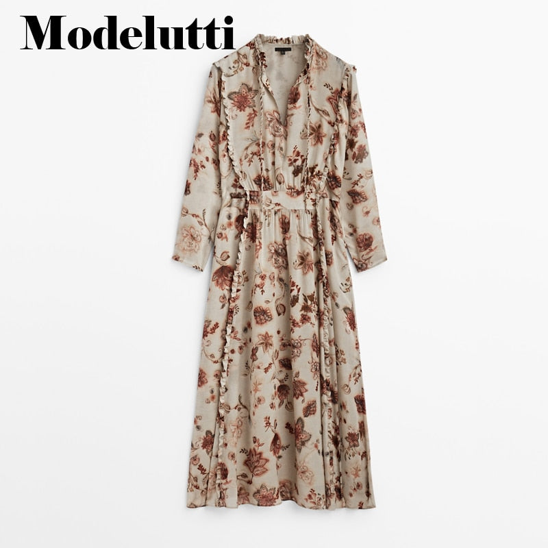 Clacive   New Spring Autumn Fashion V-Neck Fungus Draw Back Long Sleeve Romantic Print Dress Simple Casual Elegant Women