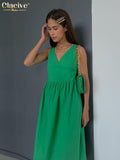 Clacive Summer V-Neck Green Women'S Dress  Casual Loose Sleeveless Office Midi Dresses Elegant Classic Ruched Female Dress