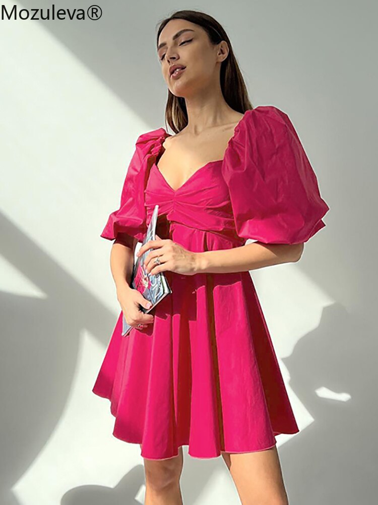 Clacive  Party Lantern Sleeve Mini Dress Woman Summer Ruched V-Neck Pink Dress Clubwear Casual Ladies A-Line Dress  Retro