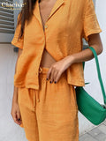 Clacive Fashion Short Sleeve Shirts Two Piece Sets Womens Outifits Summer High Waist Shorts Set Elegant Orange Suits With Shorts