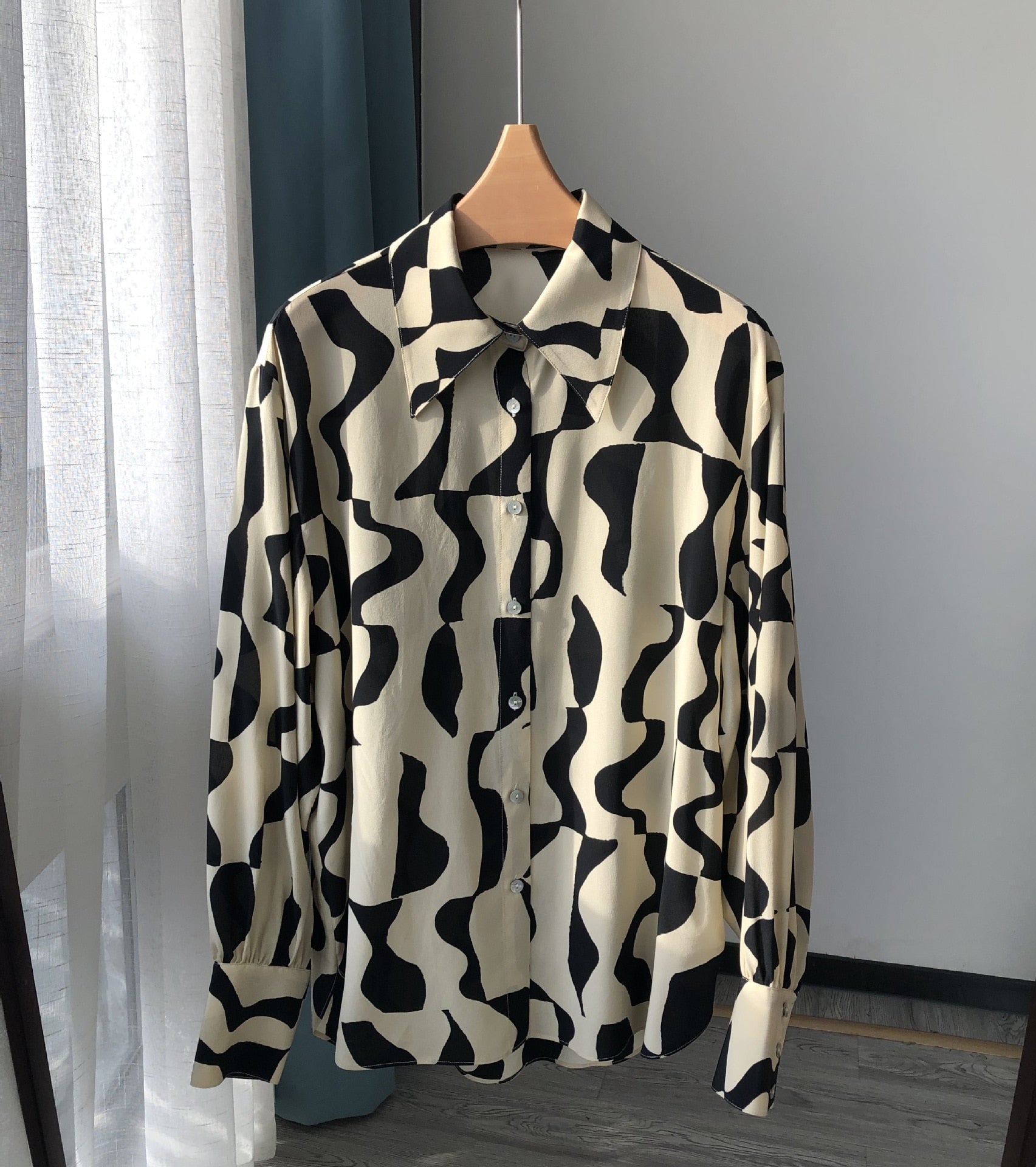 Clacive 100% Slick Women Shirt  Spring/Summer Abstract Geometric Wave Beige Contrasting Color Silk Long Sleeve Shirt