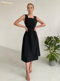 Clacive Bodycon Square Collar Office Women'S Dress  Fashion Sleeveless High Waist Midi Dresses Elegant Black Female Dress
