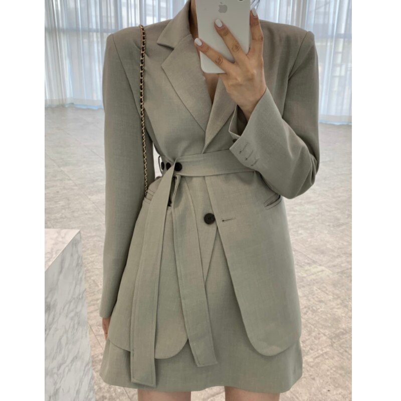 Clacive Women's Spring Summer Casual Blazer Suit Long Sleeve Elegant Jacket+High Waist A-Line Skirt 2 Piece Set Female Fashion Outfits