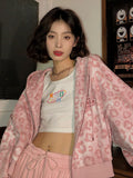 Back to school  Preppy Style Pink Sweatshirts Leopard Print Y2K Harajuku Oversized Hoodies Women Vintage Zipper Cropped Top Cute Jacket