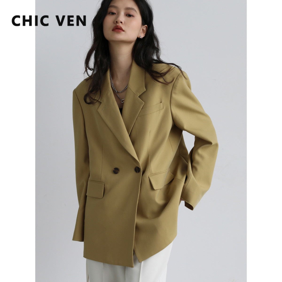 Clacive  New Fashion Women's Blazer Solid Wide Shoulder Suit Coat Women's Overcoat Office Lady Woman Tops Spring Autumn