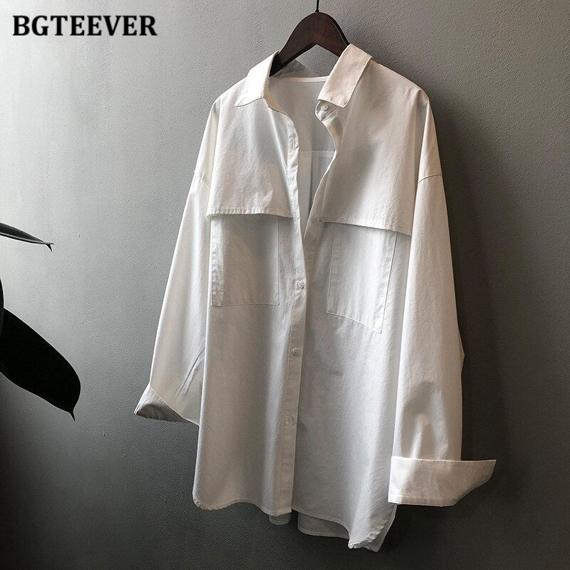 Loose Turn-Down Collar Women Solid Shirts Spring Summer Long Sleeve Single-Breasted Female Blouses Tops