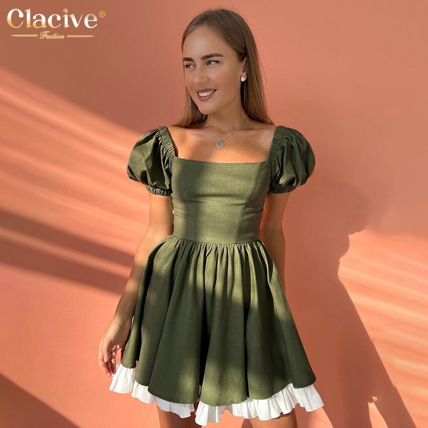 Clacive Sexy Squar Collar Elegant Dresses For Women Summer Green Short Sleeve Office Mini Dress Fashion Spliced Female Dress