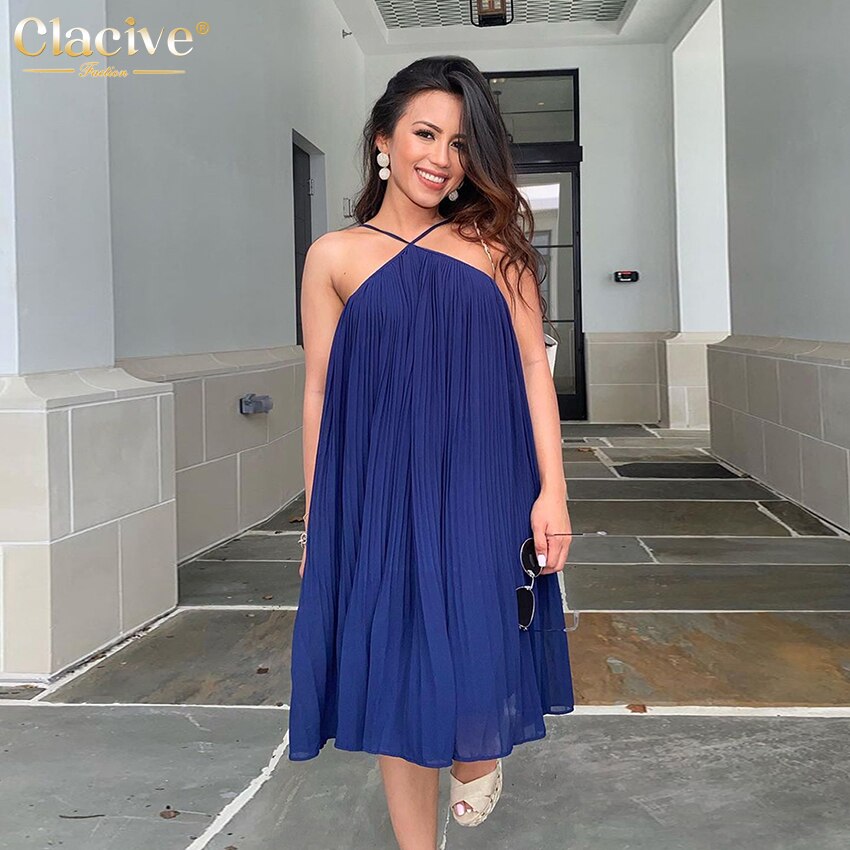 Clacive Sexy Halter Summer Dress Lady Elegant Loose Blue Pleated Mini Dress Fashion Backless Beach Casual Dresses For Women