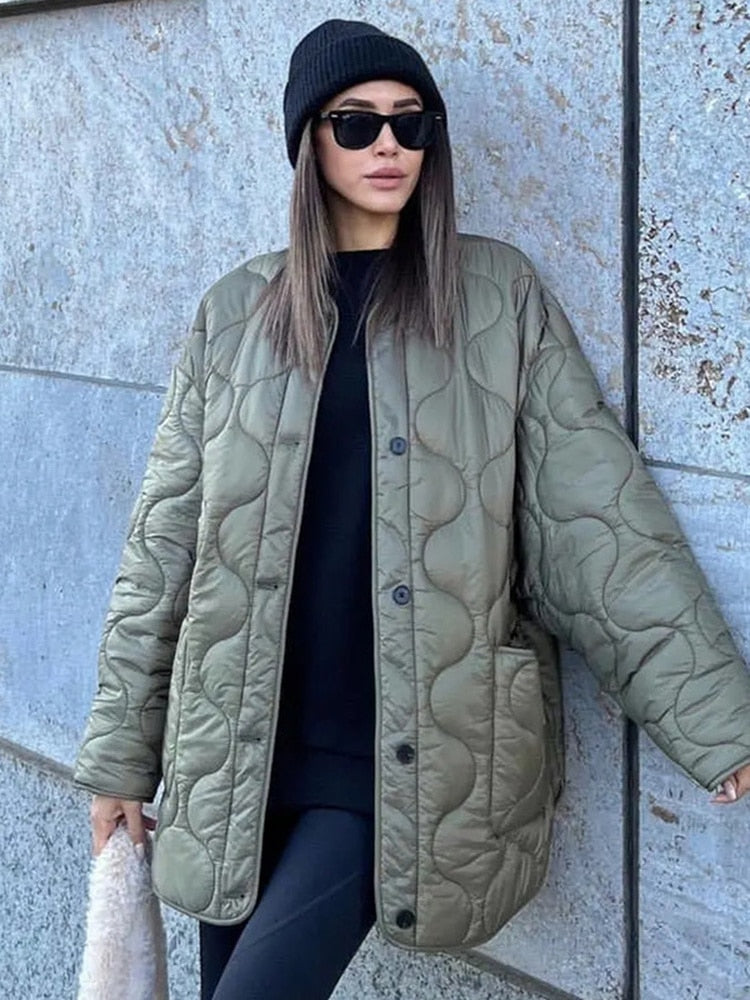 Fall outfits Women's Winter Quilted Coats 2023 Women O-neck Single Breasted Long Parkas Streetwear Vintage Famale Loose Cotton Padded Jackets