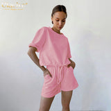 Clacive Casual Loose Women'S Tracksuit  Summer Pink High Waist Drawstring Shorts Set Sports Short Sleeve T-Shirt 2 Piece Set