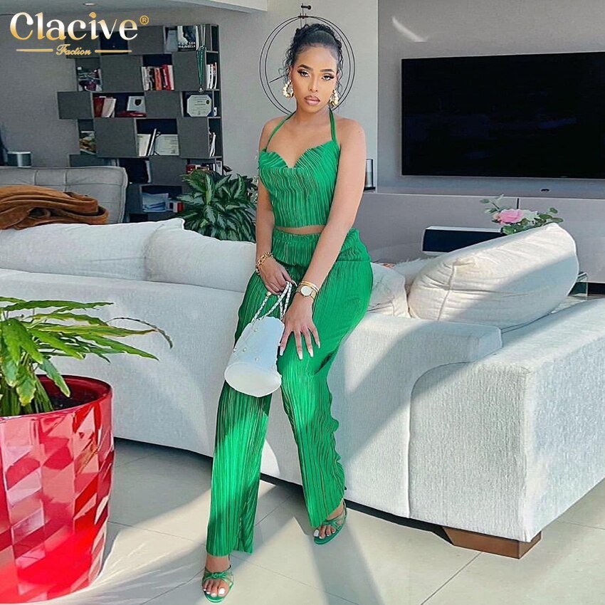 Clacive Sexy Backless Crop Top Set Woman 2 Piece Summer Bodycon High Waist Pants Set Female Elegant Pleated Brown Trouser Suits
