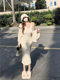 Fall outfits back to school Knitted 2 Piece Dress Set Woman Slim Bodycon Strap Midi Dress Party Elegant + Casual Long Sleeve Short Tops Korean Suit Solid
