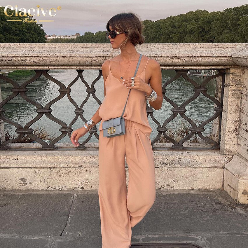 Clacive Sexy Sleeveless Crop Top Two Piece Set Women Summer Fashion Apricot Trouser Sets Elegant Loose High Waist Pants Suits