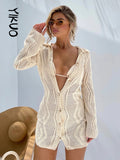 V Neck Knitted Hollow Out Women Shirt Dress Bodycon Long Sleeve Summer Beach Dresses Club Party White Holiday Outfits